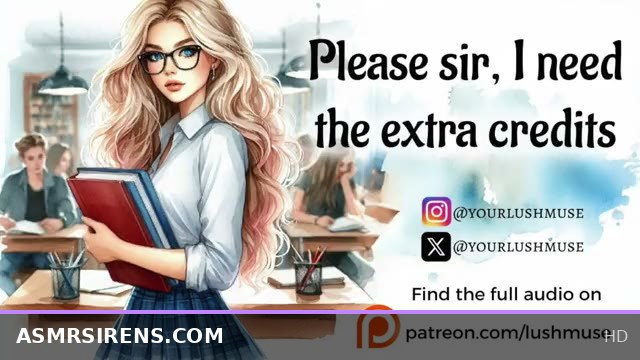 In the classroom, a student begs the teacher for extra credits in erotic audio